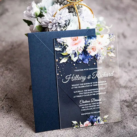 UV Print Wedding Card Blue with Flower on Top Acrylic Inner